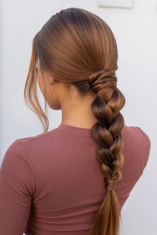 back of a woman's head with a wrapped chunky braided ponytail hairstyle