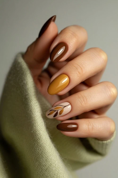 hand with autumn fusion brown nails