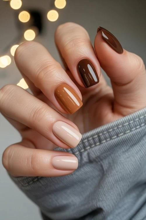 hand with skittle brown and neutral nails