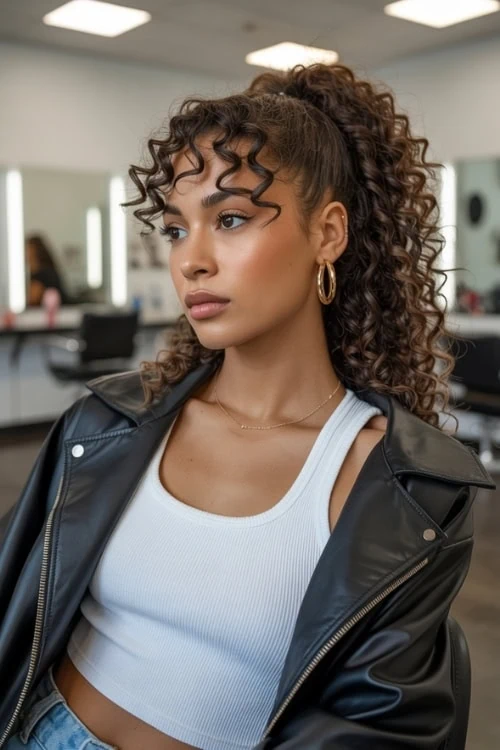 young black girl with curly ponytail hairstyle with bangs