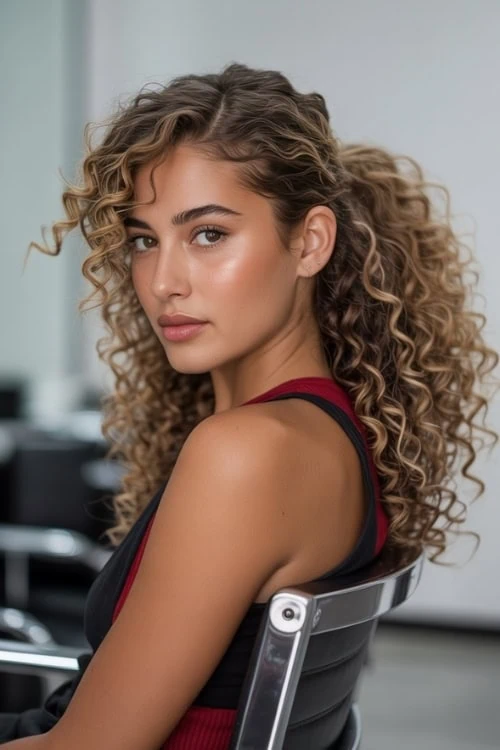 young woman with low curly ponytail