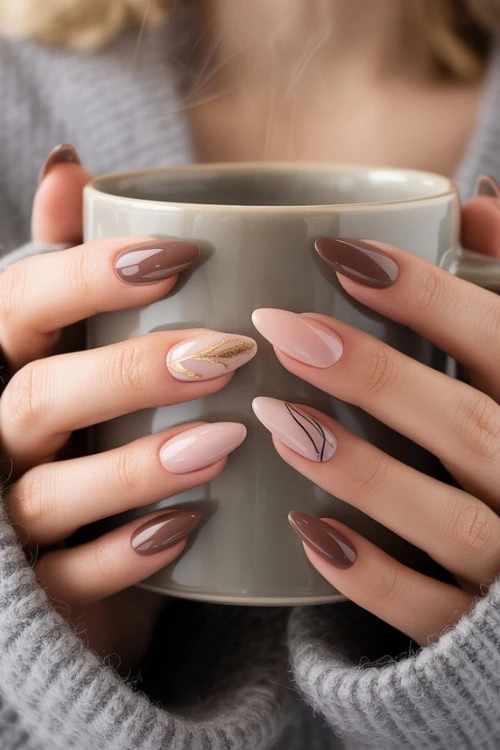 hands holding a mug with dual tone nail art
