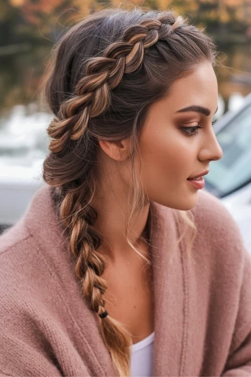 woman with a sweater and a side braided fall hairstyle