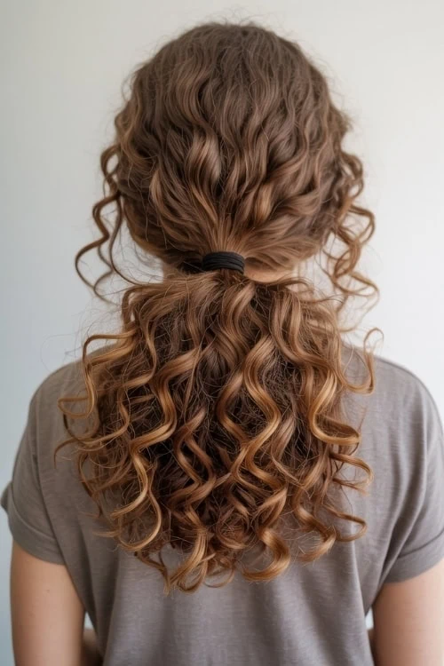 back of a woman's head with a loose curly ponytail hairstyle