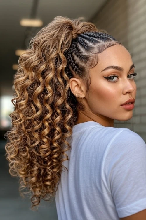 black woman with a cornrow braided ponytail hairstyle