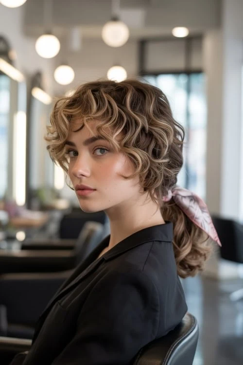 young woman with a curly hairstyle and scarf