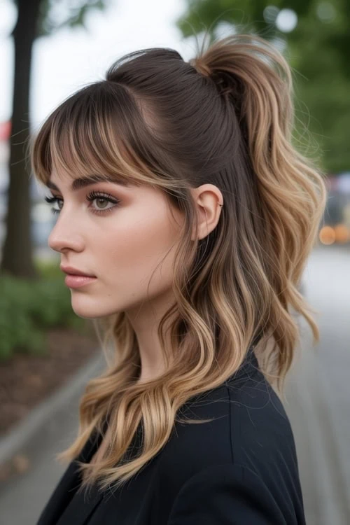 woman with a half up ponytail hairstyle