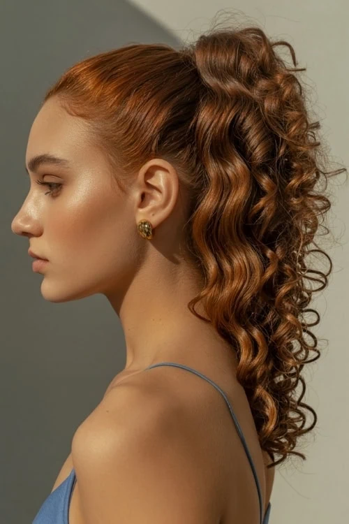 girl with ponytail hairstyle that is high and curly