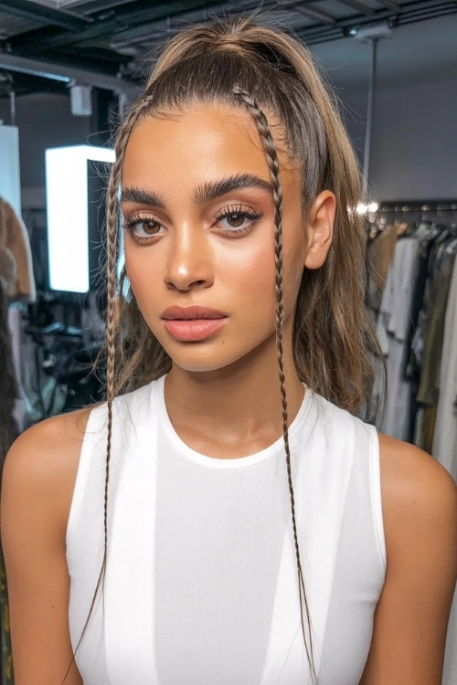 young woman with a high ponytail hairstyle with face framing braids