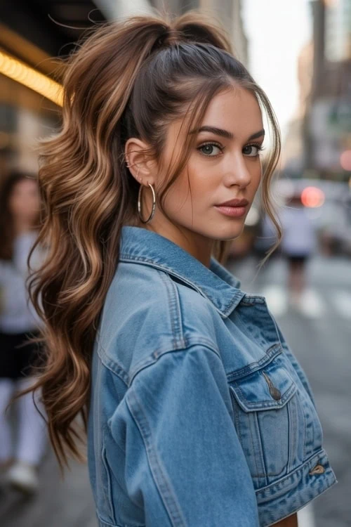 woman with a high ponytail hairstyle with tendrils