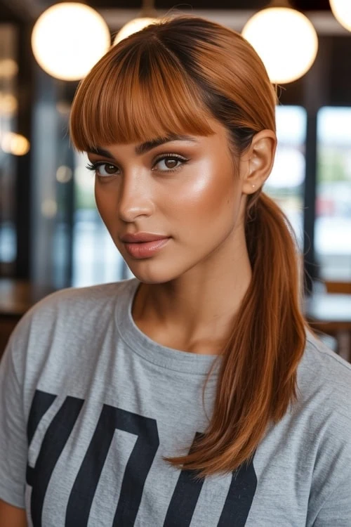 young woman with a low sleek ponytail and blunt bangs