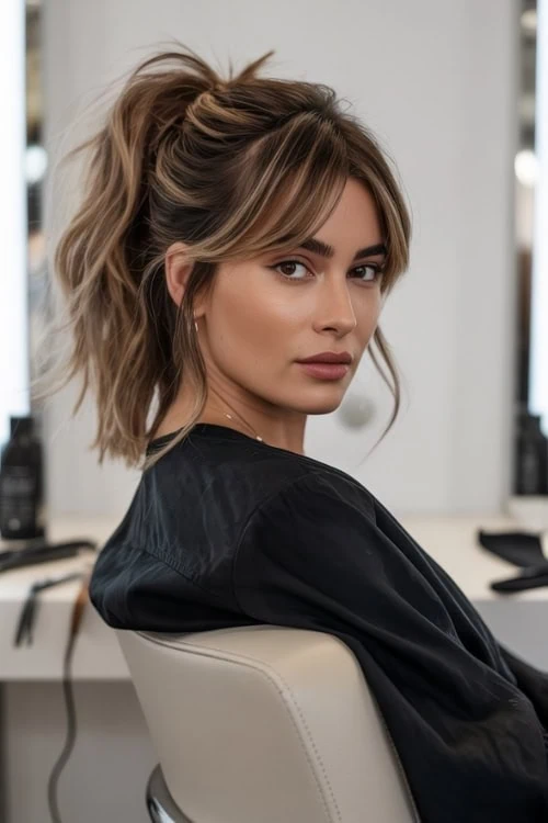 young woman with a high ponytail hairstyle with bangs