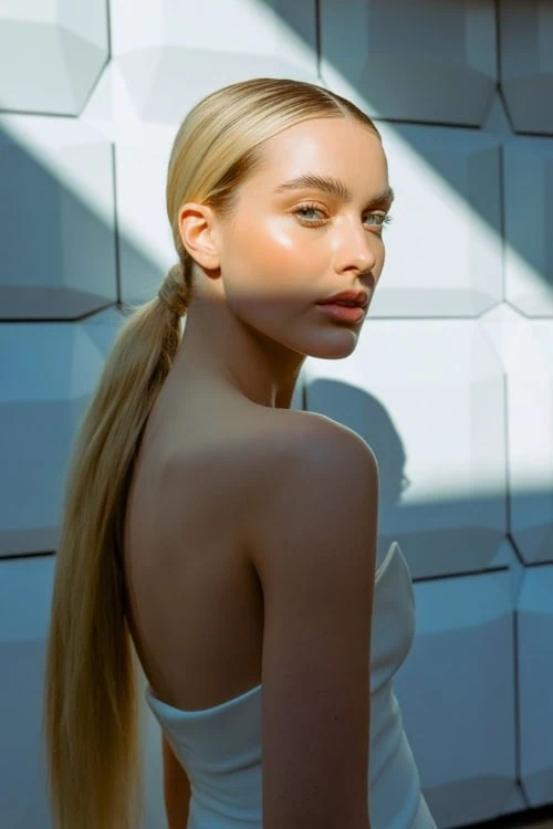 young woman with a sleek low ponytail