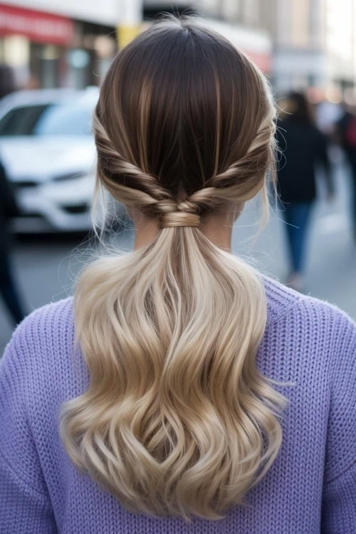 back of a woman's head with a twisted low ponytail hairstyle