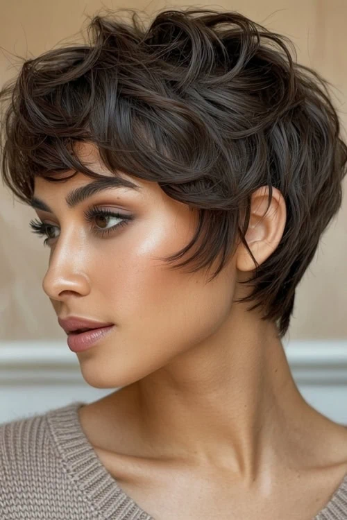 woman with a textured layered pixie cut
