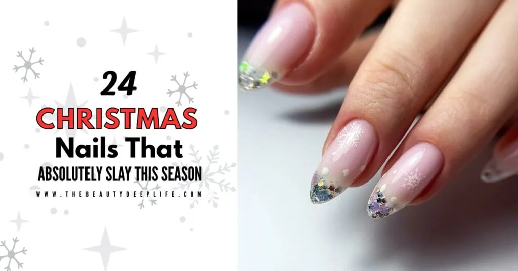 Festive holiday nail art with snowflake and glitter designs for Christmas season.
