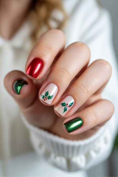 female hand with red and green Christmas themed nails