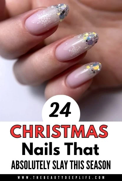 Elegant Christmas nail design featuring snowflake and glitter accents for holiday season style.