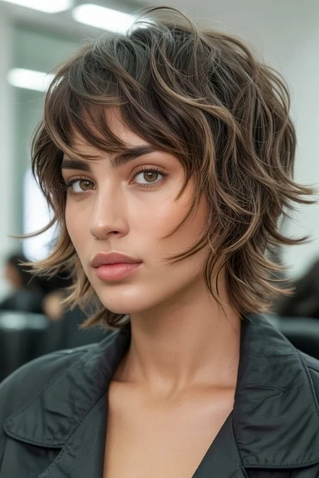 woman with a short choppy layered shag haircut