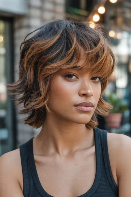 black woman with a classic short shag haircut and highlights