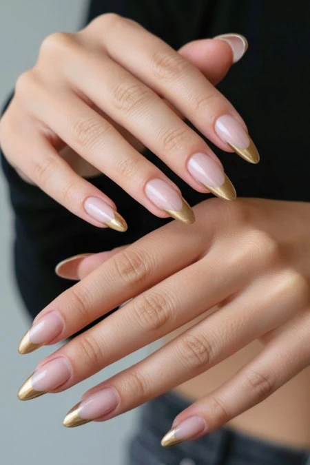 Elegant manicure with gold accent nails featuring oval shape, perfect for beauty and nail art inspiration.