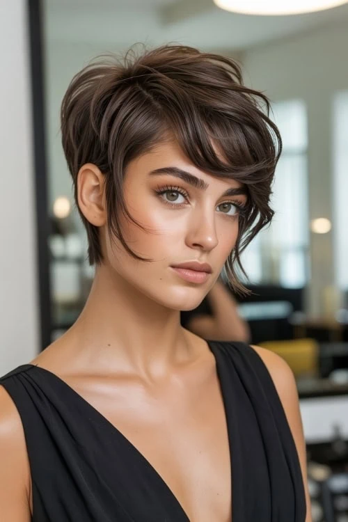 woman with a layered face-framing pixie cut