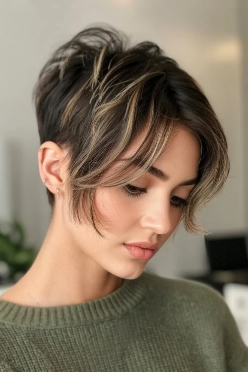 woman with a textured face framing pixie cut