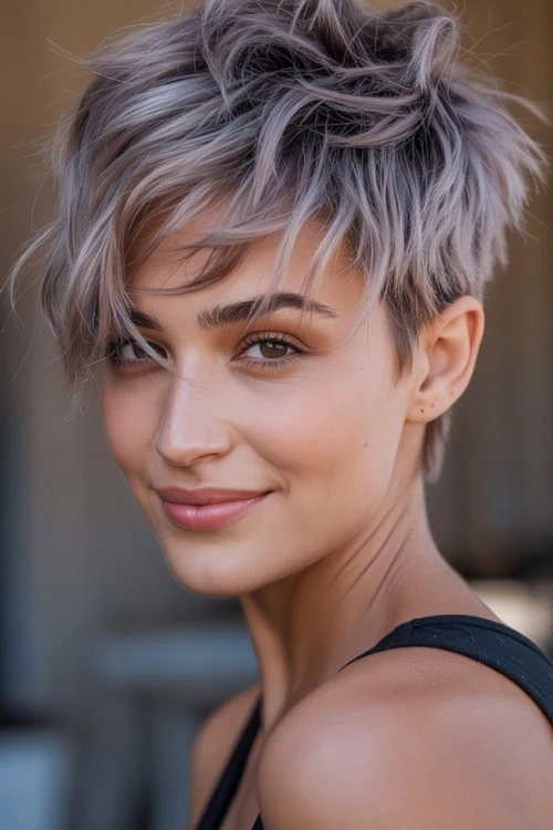 woman with messy textured pixie cut