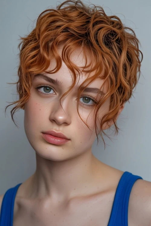 woman with a shaggy curly pixie cut