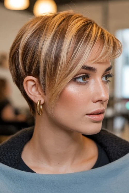 woman with a layered pixie cut
