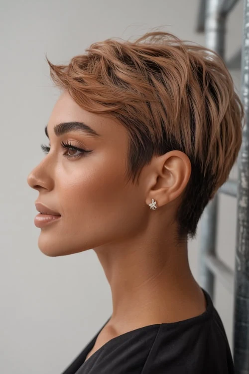 young black woman profile view with a cute pixie haircut