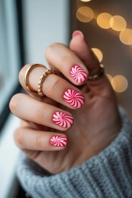 Bright pink and white peppermint nail art with gold rings on a woman's hand, Christmas holiday nails, perfect for festive seasons, viewed near a window with bokeh lights.