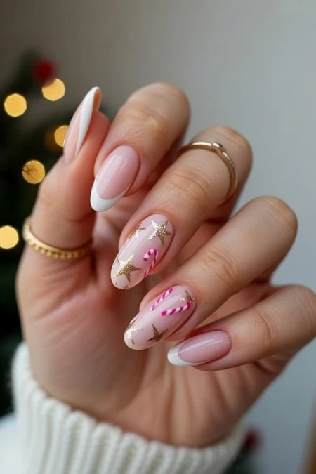 Festive Christmas holiday nail art with pink and white candy cane designs and gold star accents on manicured nails.