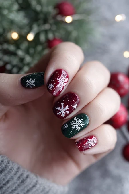 Festive holiday red and green nail art with snowflake design