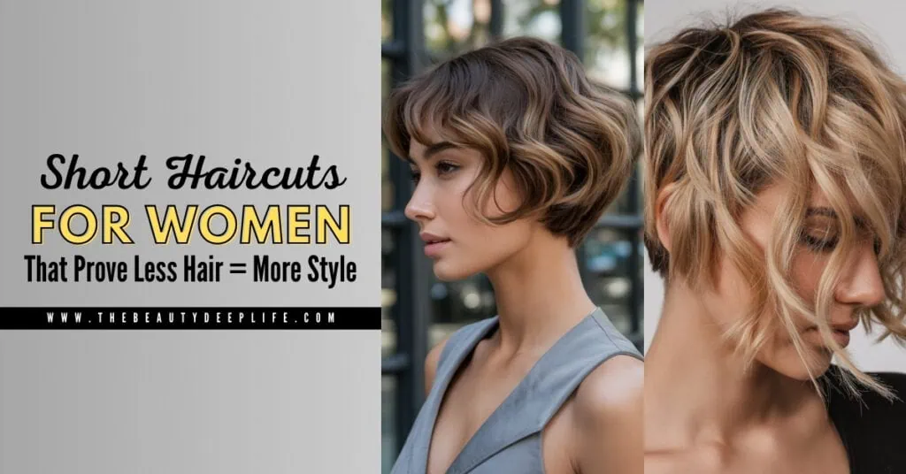 two women with short haircuts and text overlay Short Haircuts For Women That Prove Less Hair = More Style