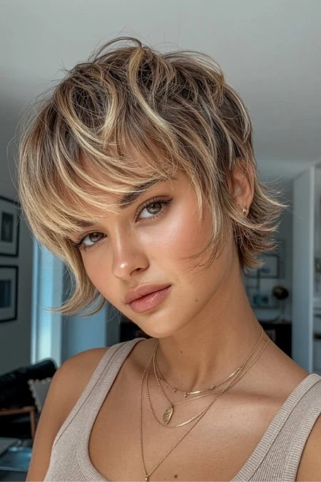 young woman with a blonde short modern french shag haircut