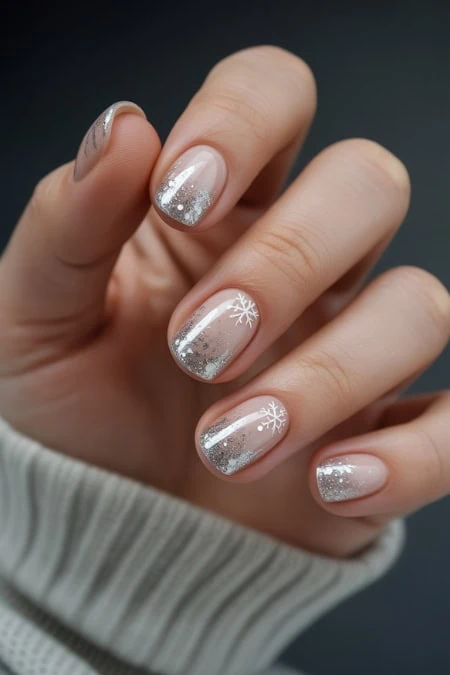 Elegant winter nail design with silver glitter and snowflake accents, perfect for the Christmas holiday and nails enthusiasts.