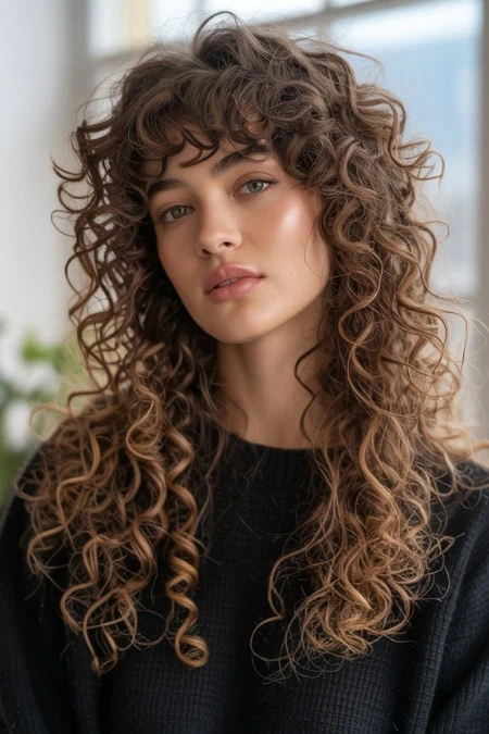 woman with curly long hair and wispy bangs