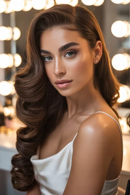 woman with long hair and an elegant hairstyle with a deep side part and curls