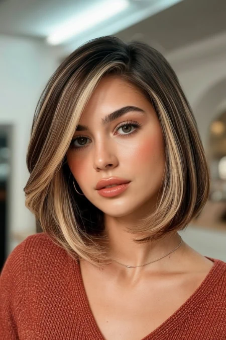 Stylish young woman with shoulder-length highlighted haircut and flawless makeup, with a diamond face shape.