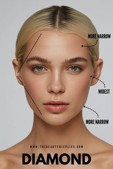 Close-up of a woman with contour lines illustrating face slimming and shaping techniques for a more defined jawline and cheekbones.