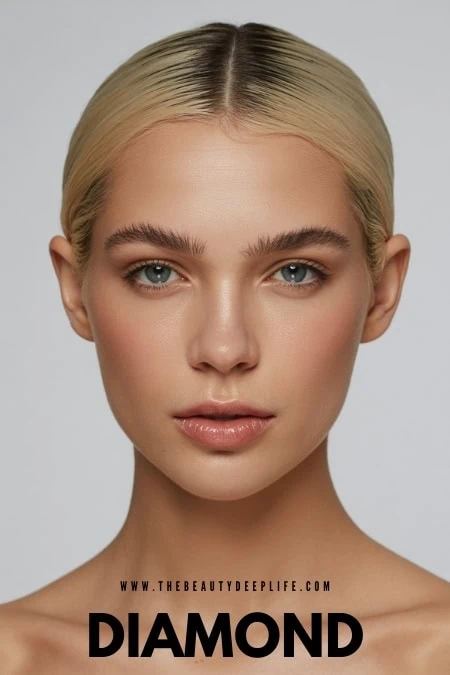 Stunning blonde woman with flawless skin and natural makeup, close-up portrait for showcasing a diamond face shape.