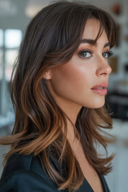 Natural brunette woman with flawless makeup and a layered haircut, and a heart shaped face.