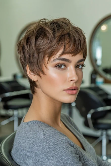 Striking young woman with short, stylish pixie haircut and flawless makeup at beauty salon, showcasing a triangle face shape.