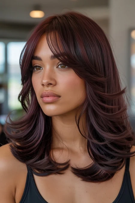 Vibrant auburn to purple ombre butterfly haircut on a woman with a heart face shape.