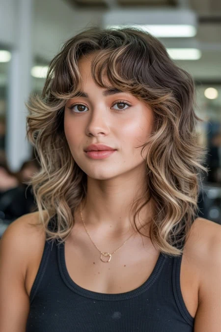 Natural young woman with curly shaggy haircut and a diamond face shape.