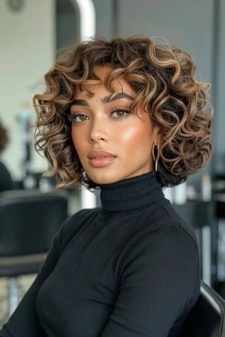 Vibrant curly bob haircut with balayage highlights, stylish and trendy women's hair fashion, perfect for a long face shape.