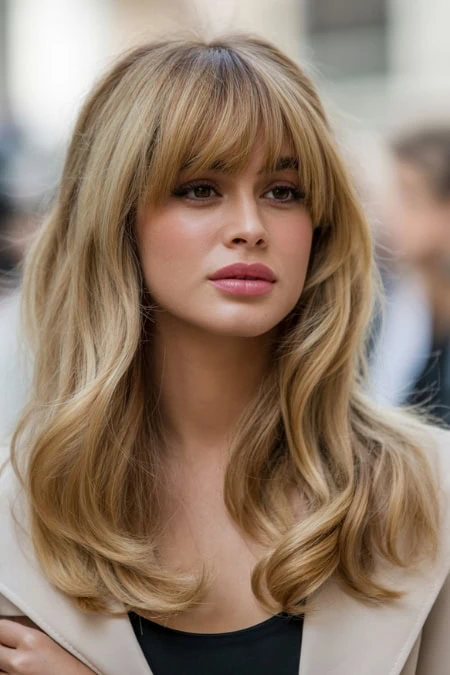 Beautiful woman with long blonde hair showcasing a bardot bangs.