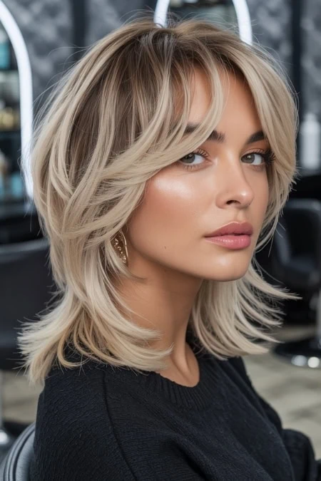 Blonde layered bob hairstyle with soft waves, perfect for a modern, stylish look and great for women seeking a trendy haircut at The Beauty Deep Life.