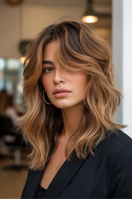 Vibrant women's wavy layered haircut with caramel highlights perfect for an oval face shape.